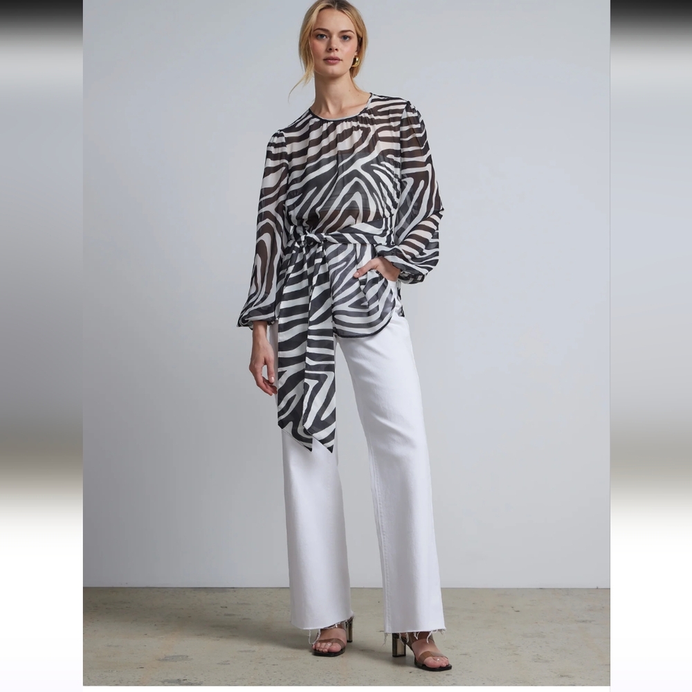New York & Company Zebra-Print Tie-Waist Chiffon Blouse